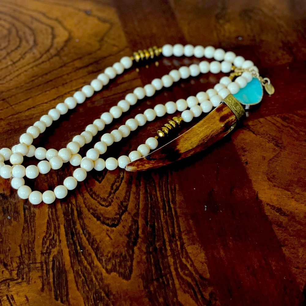 BPD Ivory Wooden Bead Tassel Statement Necklace. Beaded bone horn 33 inches